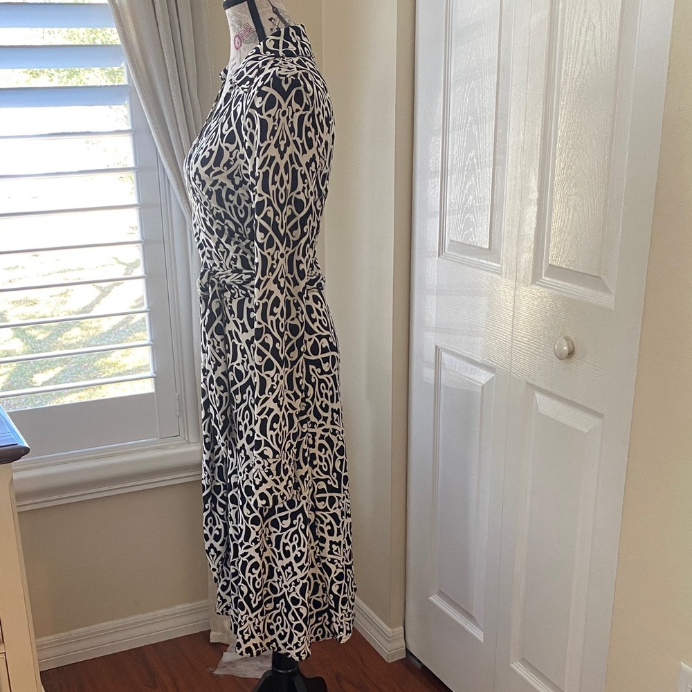 Talbots Petite 8 Black White Wrap Dress Moroccan Print Stretch Rayon - Picture 4 of 11